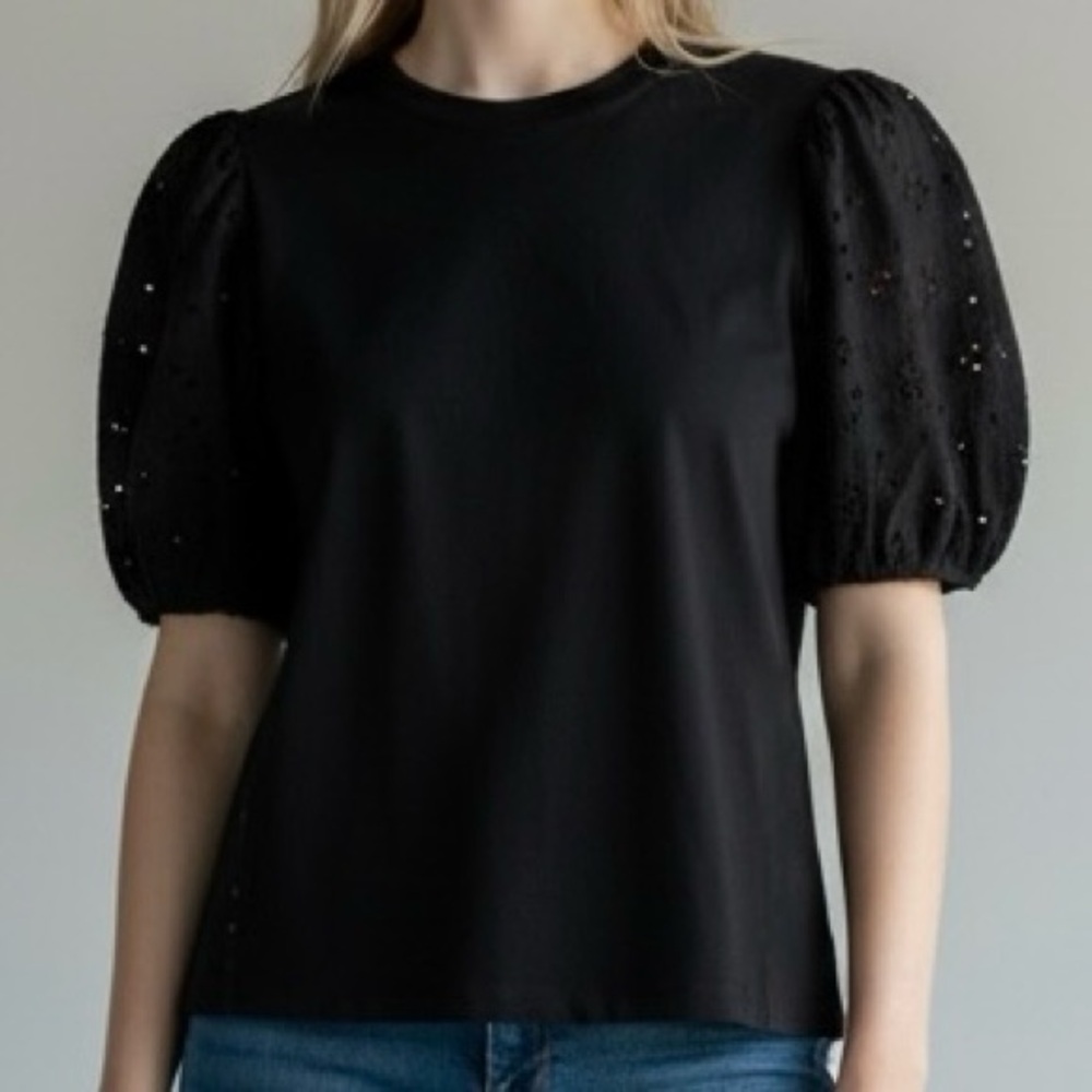 Old Navy Puff Sleeve Eyelet Top XL Black Short Sleeve Blouse